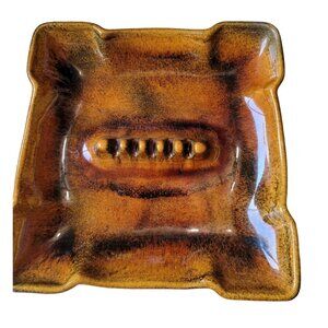 Vintage large ceramic ashtray footed brown gold midcentury USA cigar cigarette
